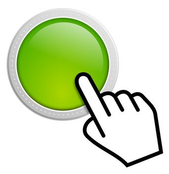 Icon mit gezeichneter Hand, die auf einen grünen Knopf drückt, als Hinweis auf eine interaktive oder bestätigende Aktion
