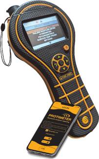 MESSGERÄT MMS3 von der Firma PROTIMETER zusammen mit einem Smartphone, auf dem die PROTIMETER-Software zur Verbindung und Anzeige der Messdaten dargestellt ist